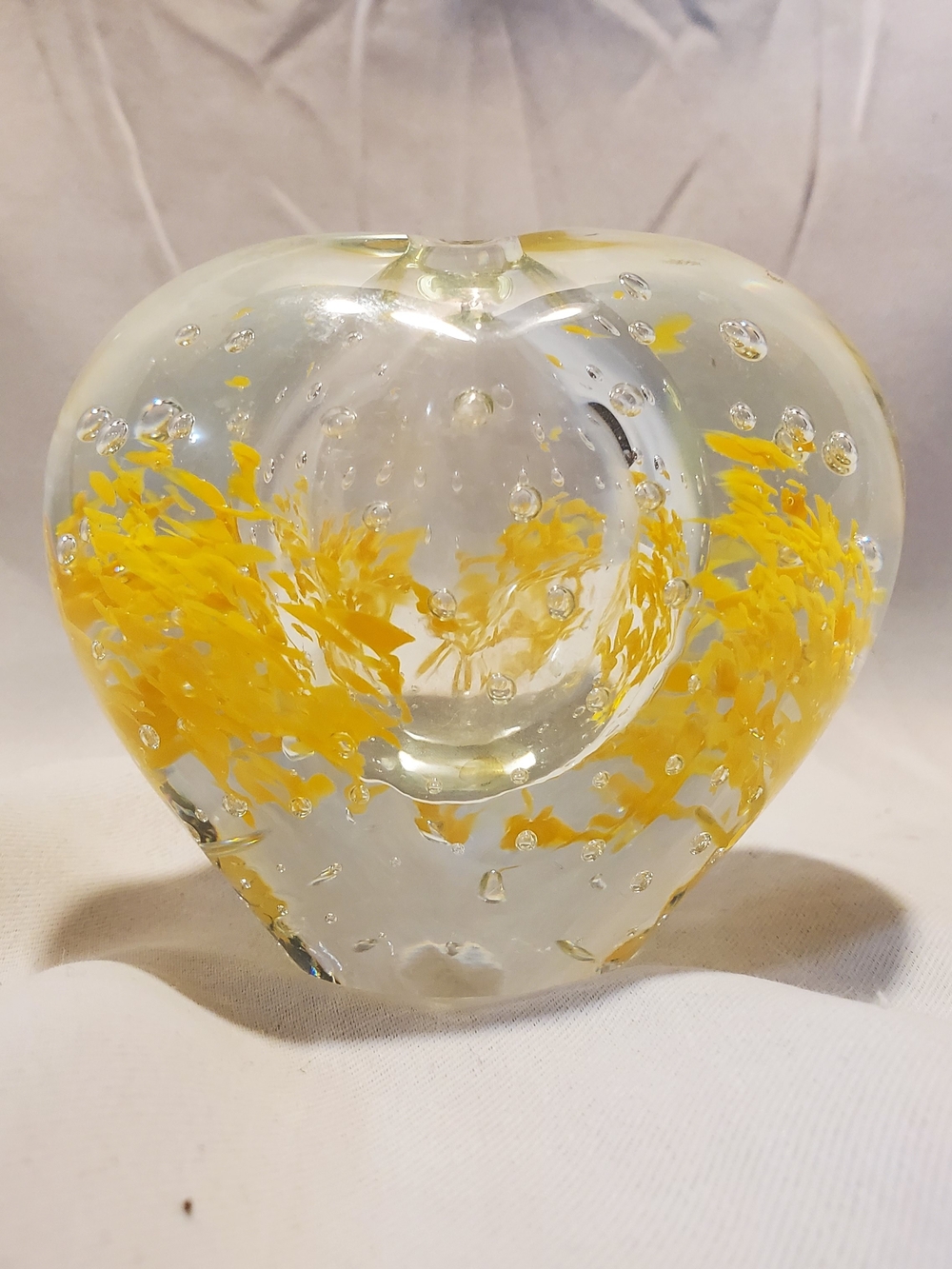 Vintage Sabina Poland Art Glass Heart Oil Lamp Paperweight - Yellow & Clear
